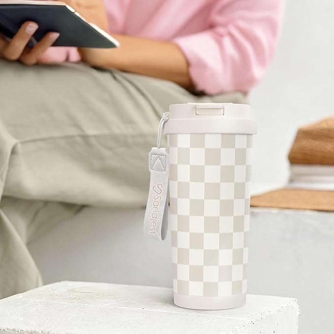 Checkered Tumbler - Stainless Steel 2-in-1 Lid Coffee Tumbler 18 oz, Checker Insulated Travel Mug Gift for Women Girls Teens, Birthday Christmas (Beige) - Bloomnest