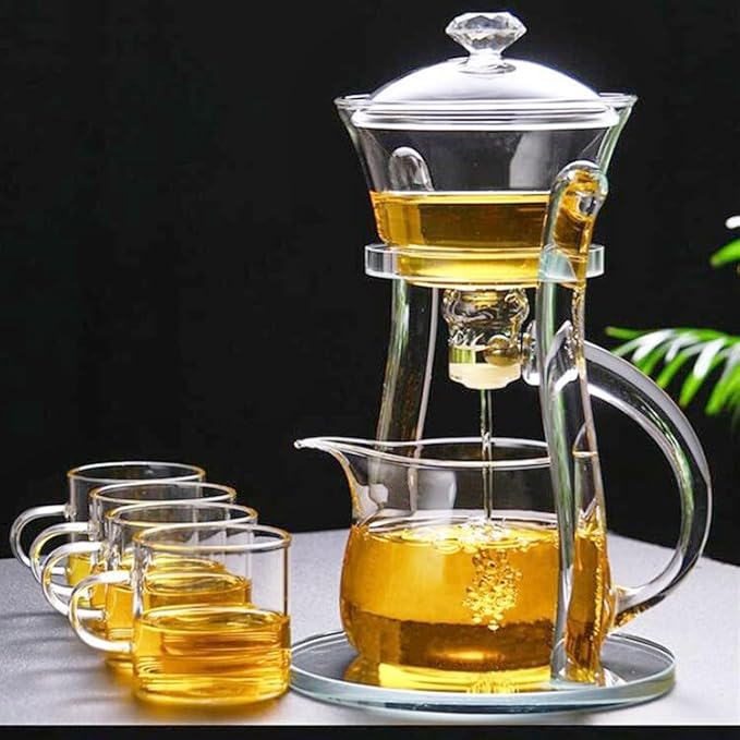 Mozeo Lazy Kungfu Semi-automatic Tea Maker - Glass Teapot with Suction Automatic Water Brewing - Office Flower Tea Set (Clear Teapot + 6pcs Cups)