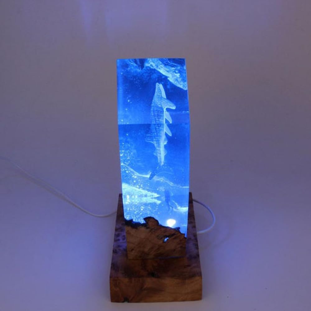 Whale Shark Ocean Resin Lamp, Handmade Wooden Table Resin Night Light, USB Port Art Ornaments for Home Office Decor, Scuba Diver Gifts for Birthday Holiday, Valentine's Day Gifts for Husband