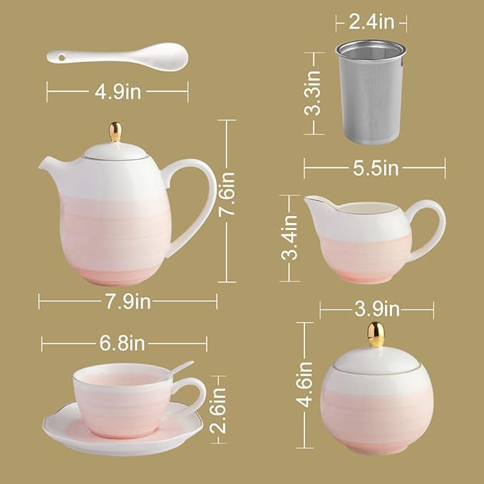 Sweejar Porcelain Tea Sets, 8 OZ Cups & Saucer Service for 4, Teapot Sugar Bowl Cream Pitcher Teaspoons and Tea Strainer for Adult Tea Coffee Afternoon Party (Pink) - Bloomnest