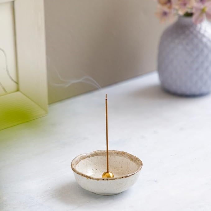 Asayu Japanese Small Mini Incense Holder for Sticks 3.3 inch (83mm), Made in Japan Ceramic Ash Catcher and Brass Incense Burner Set for Yoga, Meditation (Small Pearl Incense Holder) - Bloomnest