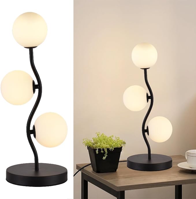 3-Light Curve Black Globe Table Lamp Mid Century Flower Beside Desk Table Light with Milk White Glass Shade Metal Base Nightstand Lamp for Bedroom Bedside - Bloomnest