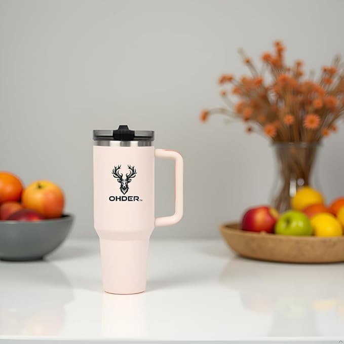 40 oz Tumbler with Handle and Straw | Vacuum Insulated Double Wall Stainless Steel Travel Mug | Leakproof, Hot and Cold | Cup Holder Friendly Base (Rose Quartz) - Bloomnest