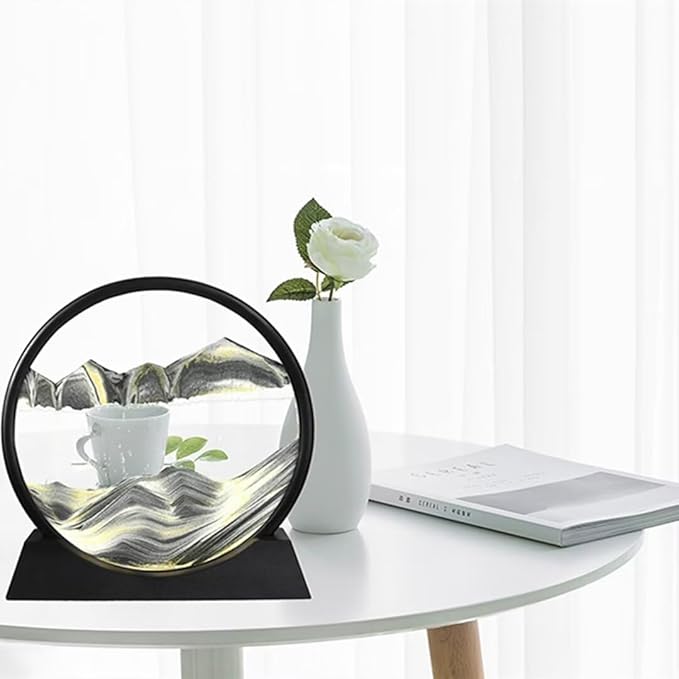 BGFJYUK Moving Sand Art Picture in Motion, Round Tempered Glass 3D Deep Sea Sandscapes with Display Flowing Sand Frame for Relaxing Desktop Home Office Work Décor for Kids Adults (Black, 12inch) - Bloomnest