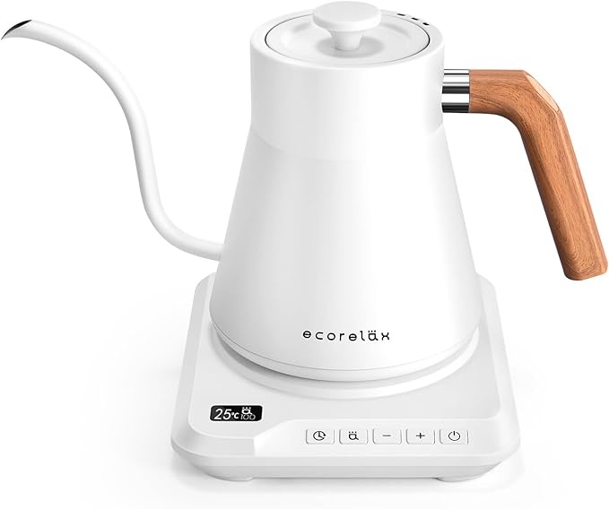 ECORELAX Gooseneck Electric Kettle, ±1℉ Temperature Control Pour Over Kettle for Coffee, Tea & Water, Stainless Steel 1200 W Keep Warm OLED Display 1 L (White) - Bloomnest