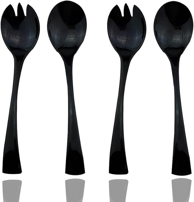 JASHII 18/10 Stainless Steel Mirror Polished Black 2 Pcs Salad Fork & 2 Pcs Salad Spoon Black Server Utensil Set - Bloomnest
