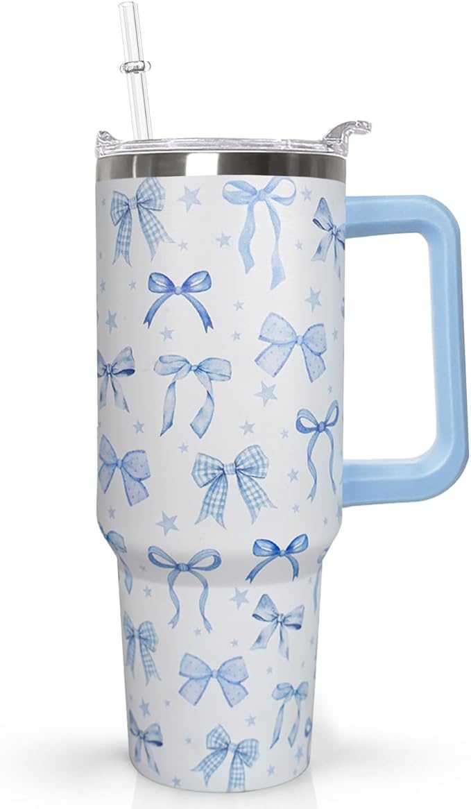 Ceovfoi 40 Oz Blue Bow Tumbler With Handle, Blue Bow Decor Coffee Travel Mug Cup Water Bottle, Gifts for Women Girls - Bloomnest