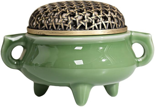 Mini Ceramic Incense Burner - Chinese Classic Plum Green Celadon Glaze, Fragrance Cone & Stick Holder Palo Santo/Sage/Herb Burner for Meditation, Yoga, Desk Decor, Zen Relaxation Gift (Pot) - Bloomnest
