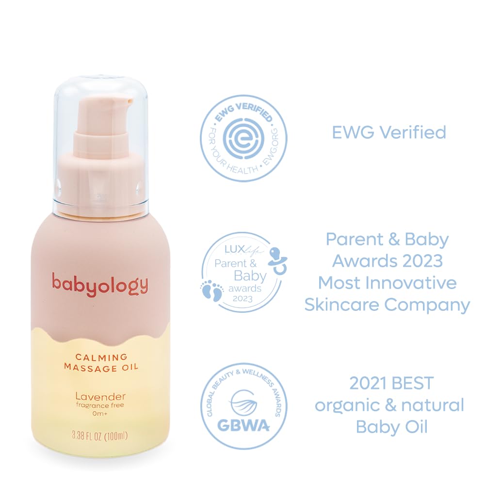 Babyology - Calming baby oil for Newborn with Baby essential oils - 3,38 Fl. Oz (100ml) - Lavender - Nourishing and Moisturizing Massage for Bonding
