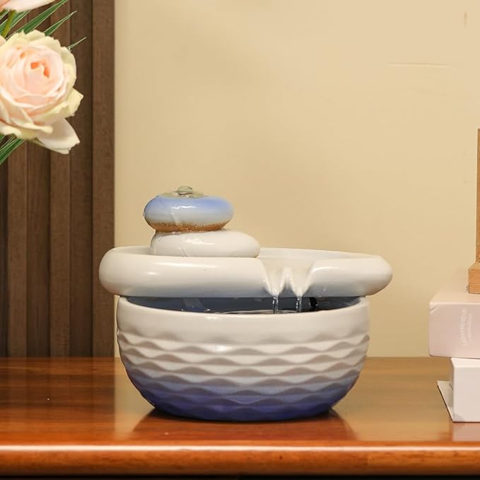 Ceramic Tabletop Desktop Fountain Water Feature Indoor Home Office Kitchen Decoration (White) - Bloomnest