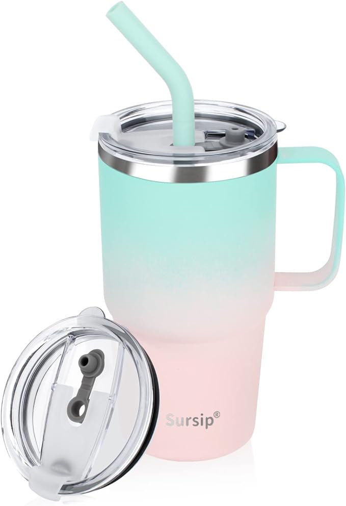 Sursip Kids Tumbler with Handle and Straw, 24 oz Stainless Steel Insulated Cpus for Boys Girls Leak-proof Lid Keep Cold Heat and Ice, Gifts for Kids Cups(Green/Pink-1 Pack) - Bloomnest
