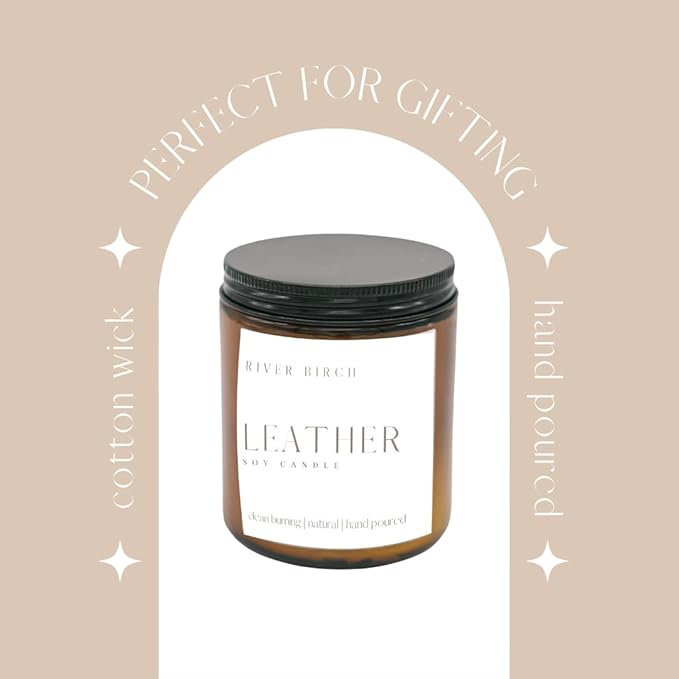 River Birch Candles Leather Scented Candle | Premium, All-Natural, Non-Toxic, Soy Amber Jar Candles | 8.5oz 40 Hr Burn Time | Cozy Relaxing Gifts for Home - Bloomnest
