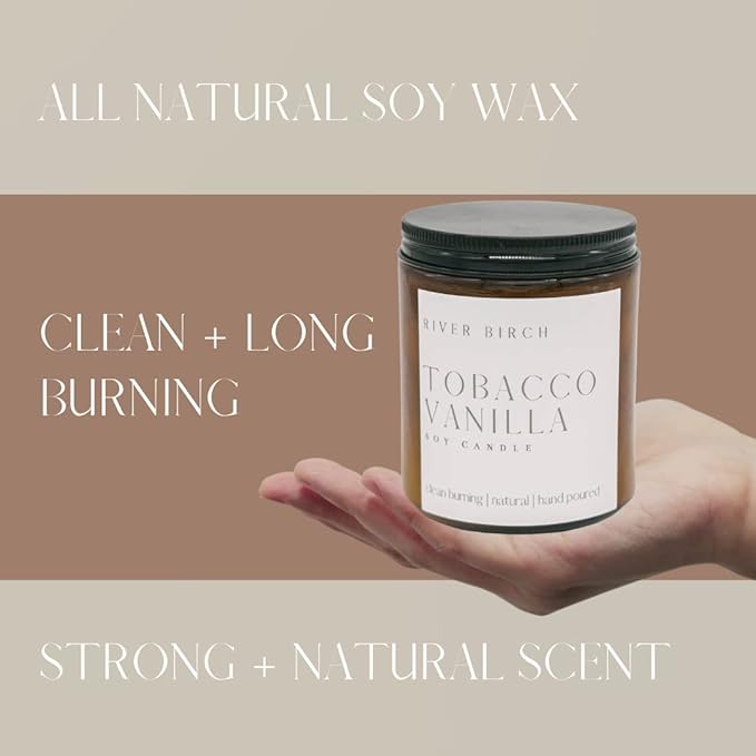 River Birch Candles Tobacco Vanilla Scented Candle | Premium, All-Natural, Non-Toxic, Soy Amber Jar Candles | 8.5oz 40 Hr Burn Time | Cozy Relaxing Gifts for Home - Bloomnest