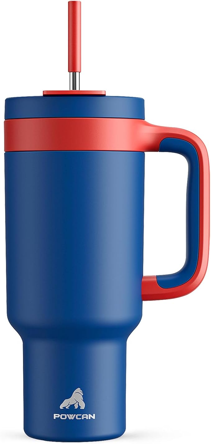 POWCAN 40 oz Tumbler with Handle, 2-in-1 Metal Straw and Sip Lid, Leakproof, Dishwasher Safe, Insulated Stainless Steel Travel Coffee Mug, Keeps Cold for 34 Hours, Fits in Car Cup Holder (Heroic) - Bloomnest