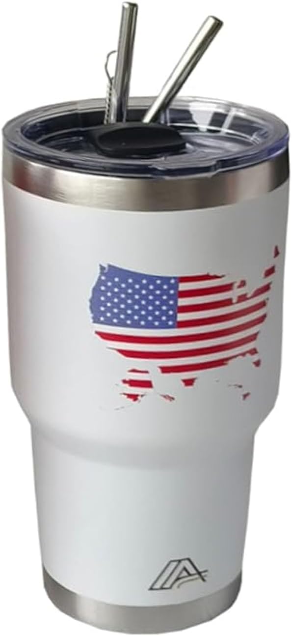 Tumbler 30oz Stainless Steel, Vacuum Insulated w/MagSlider Lid, USA Flag on White, Double Wall, Keeps Drinks Cold & Hot, Patriotic Gift - Bloomnest