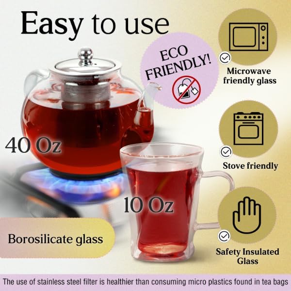 40 Oz Unique Glass teapot Set with 4 double wall insulated Cups, Tea Kettles for Stovetop With Infusers For Loose Tea, Perfect Mom Gift - Bloomnest