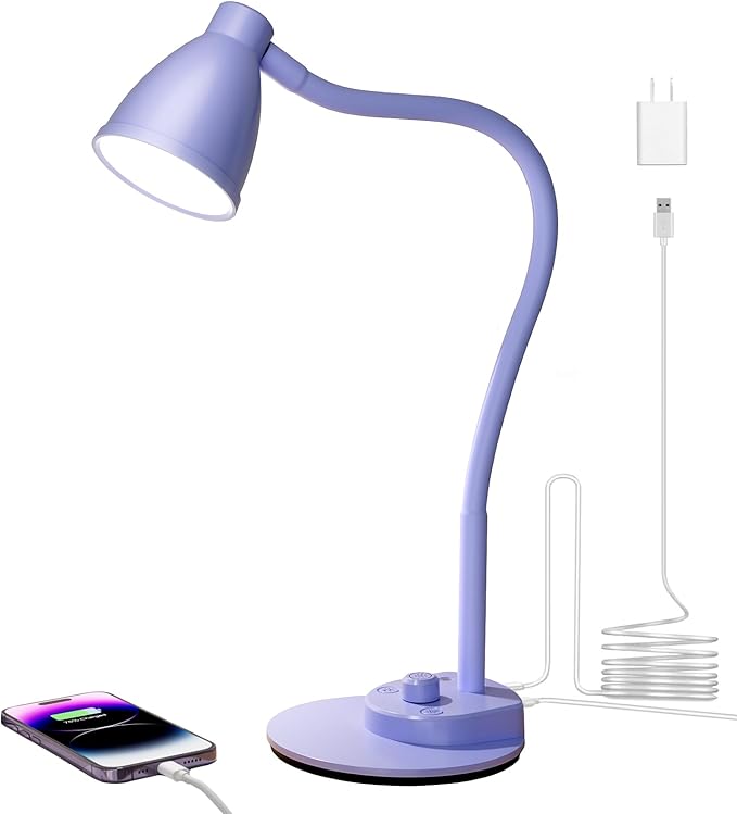 BOHON LED Desk Lamp with USB Charging Port, 3 Color Modes Fully Dimmable Reading Lamp, Auto Dimming Task Lamp, Flexible Gooseneck Table Light for Office Dorm Bedside, Adapter Include, Lilac Purple - Bloomnest