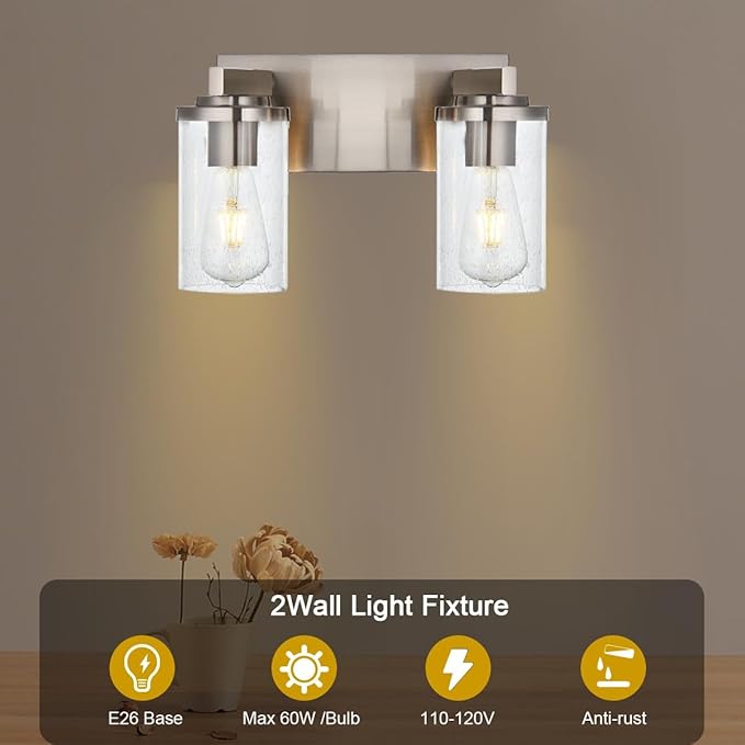 BONLICHT 2-Light Brushed Nickel Wall Sconce Lighting with Clear Glass Shade, Industrial Indoor Bathroom Lights Over Mirror, Modern Vanity Light Fixtures for Porch Entryway Stair - Bloomnest