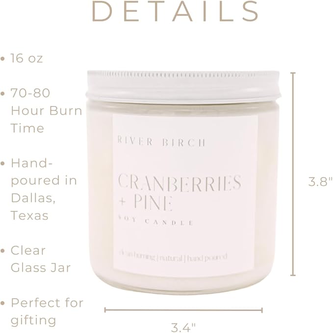 River Birch Candles Cranberries & Pine Scented Candle | Premium, All-Natural, Non-Toxic, Soy Candles | 16oz 90 Hr Burn Time | Cozy Relaxing Gifts for Home - Bloomnest
