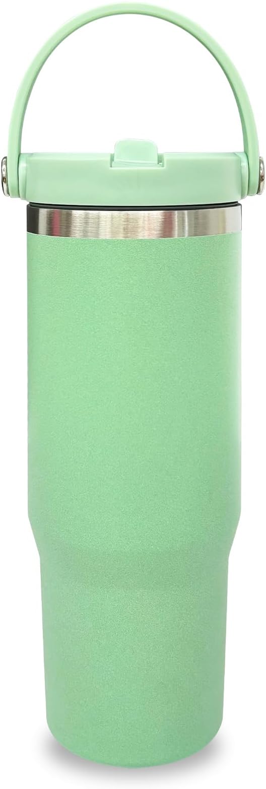 30 oz Tumbler with Top Handle, Double Wall Vacuum Insulated Tumbler with Flip Straw, Travel Coffee Mug 30oz Powder Coated Cup for Laser Engraving (Green,1 pack)