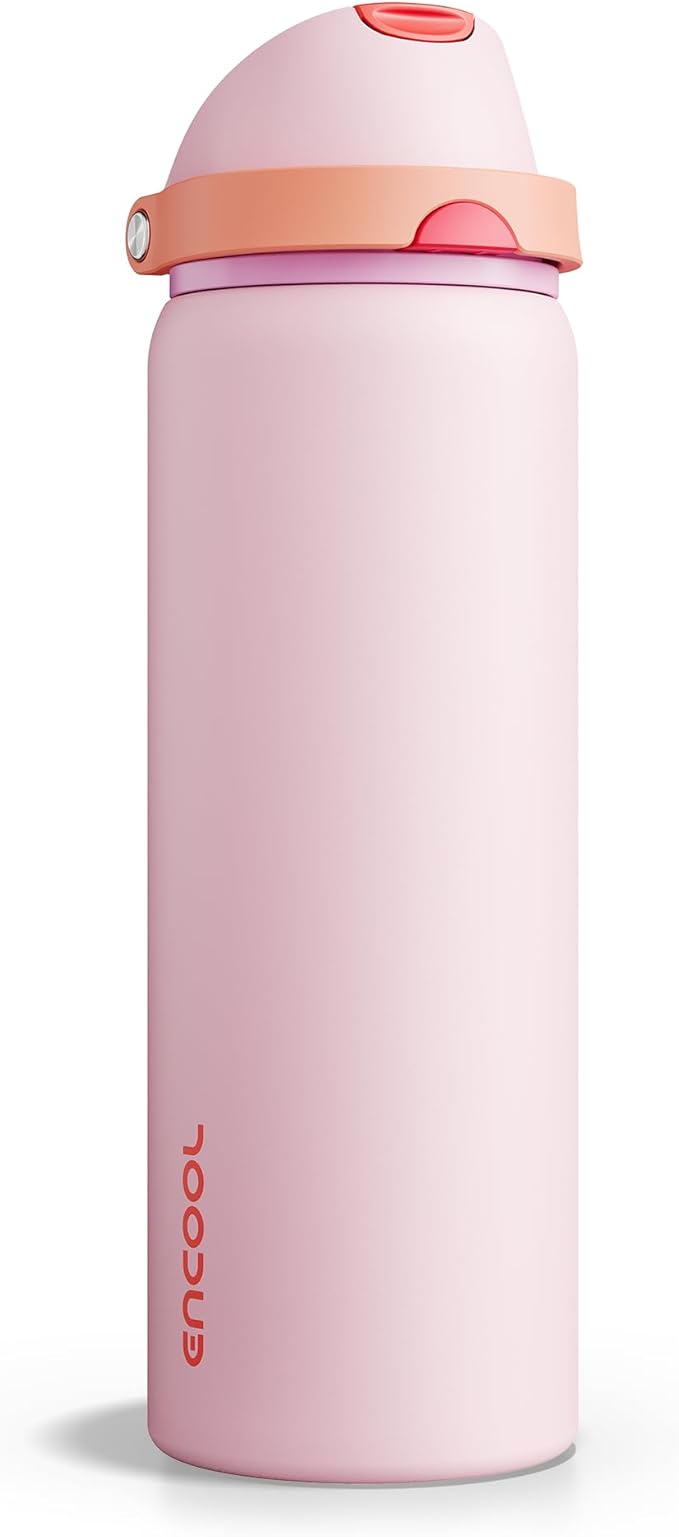 Insulated Water Bottle with Straw - Encool Stainless Steel Water Bottle with Push Button Lid, Leak-Proof & BPA-Free, Keeps Cold for 24 Hours for Sports, Travel, Gym (32 oz, Lily-Red) ENCOOL