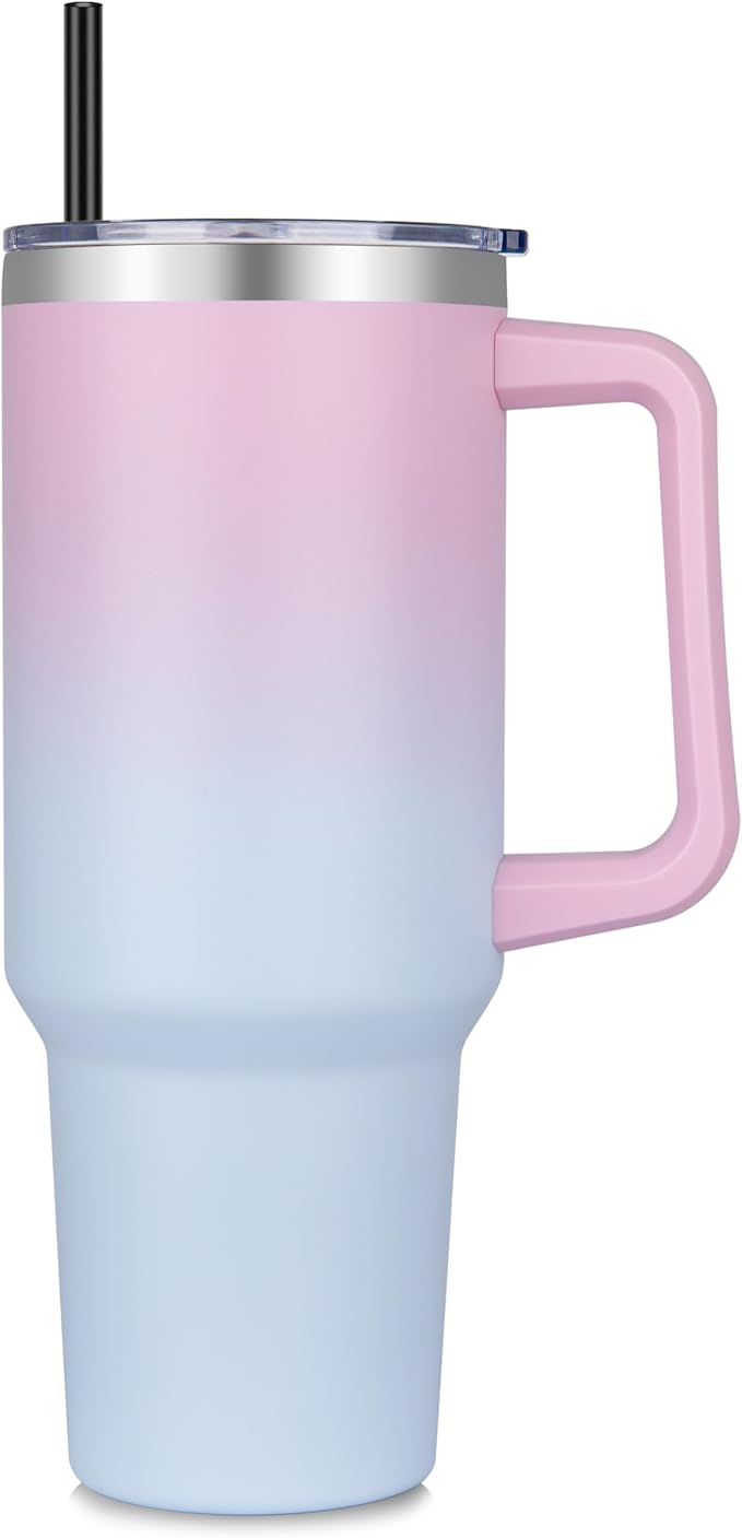 DOMICARE 40 oz Tumbler with Handle and Straw, Stainless Steel Tumbler with Lid and Straw, Reusable Vacuum Insulated Cup, Travel Coffee Mug, Dreamy Pink Blue, 1Pack - Bloomnest