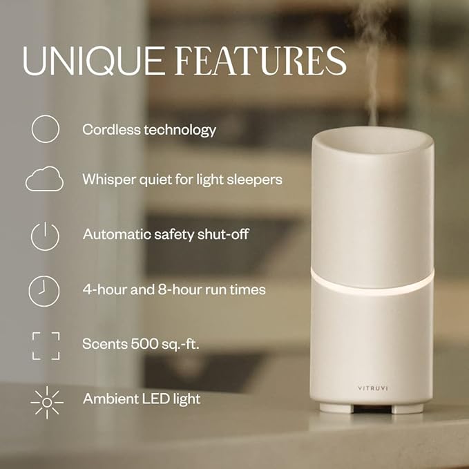 Vitruvi Move Cordless Ultrasonic Essential Oil Diffuser | Wireless Diffuser for Home Aromatherapy | 4 & 8-Hour Run Times - White
