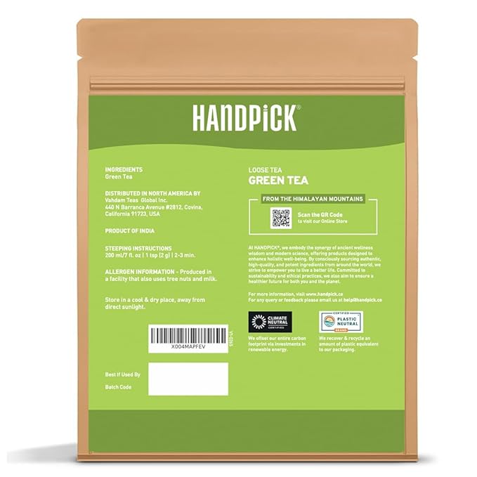 HANDPICK, Green Tea Loose Leaf (255g/9oz) 127 Cups | Non-GMO, 100% Pure Green Tea Leaves Sourced from Himalayas, India | Resealable Ziplock Pouch - Bloomnest