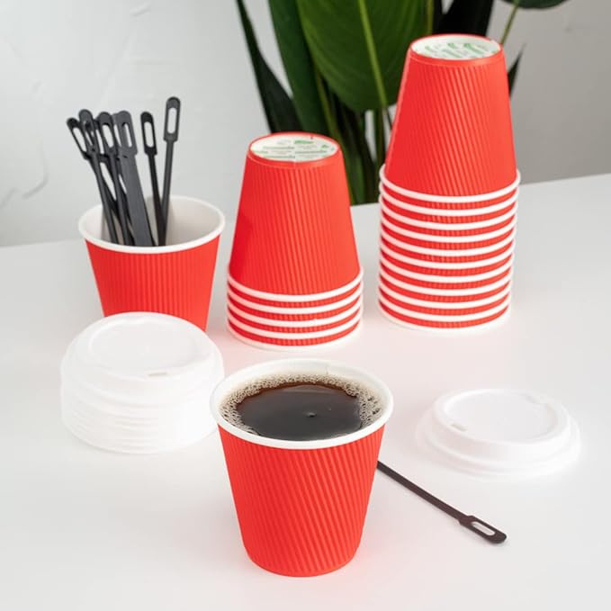 Restaurantware 8 Ounce Double Wall Disposable Coffee Cups, 500 Insulated Red Paper Tumblers with Ripple Wall Design, Lids Sold Separately for Hot Drinks like Tea, Hot Chocolate, and More - Bloomnest