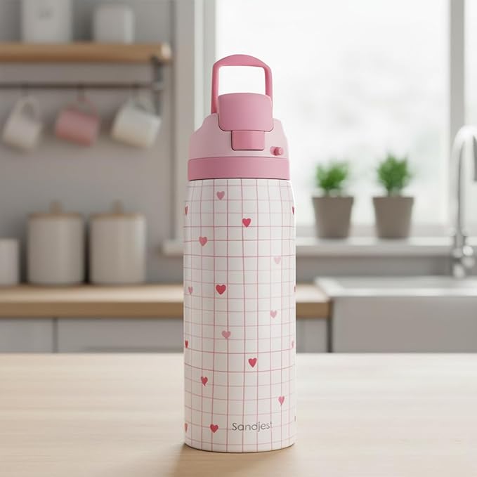 Heart Insulated Stainless Steel Water Bottle with Straw for Sports and Travel, 32oz, Gifts for Women Girls Friends Teens Birthday Christmas (Grid Background) - Bloomnest