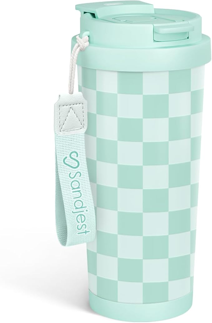 Checkered Tumbler - Stainless Steel 2-in-1 Lid Coffee Tumbler 18 oz, Checker Insulated Travel Mug Gift for Women Girls Teens, Birthday Christmas (Mint) - Bloomnest