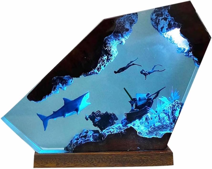 Shark Ocean Resin Lamp, Handmade Wooden Table Resin Night Light, USB Port Art Ornaments for Home Office Decor, Scuba Diver Gifts for Birthday Holiday, Valentine's Day Gifts for Husband