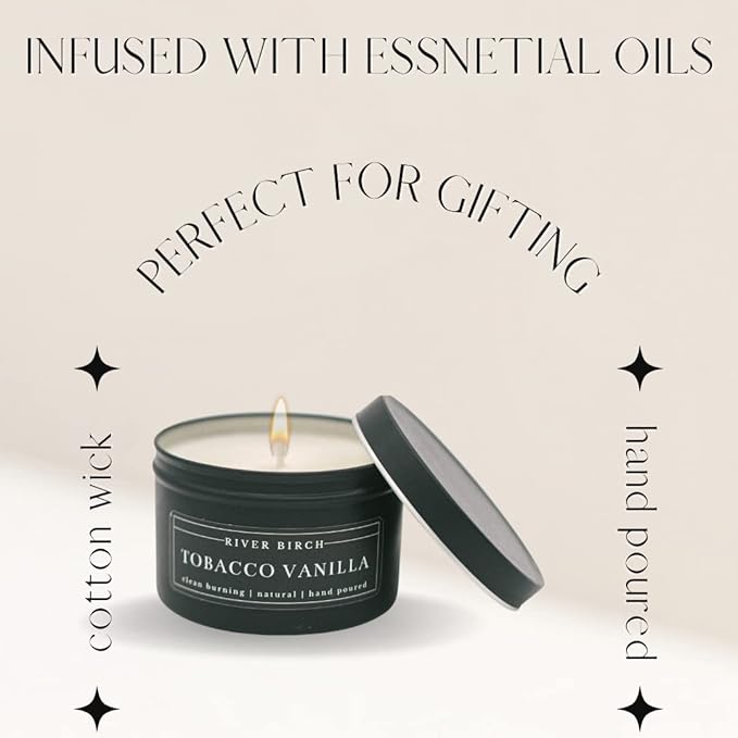 River Birch Candles Tobacco Vanilla Scented Candle | Premium, All-Natural, Non-Toxic, Soy Candles | 8 oz. Black Matte Tin Travel Candle | Cozy Relaxing Gifts for Home - Bloomnest