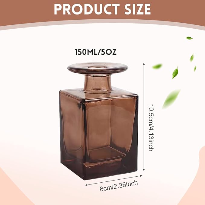 150ML/5OZ Square Amber Glass Diffuser Bottle Empty Refillable Aromatherapy Container Jar Fragrance Accessory for Home & Office Decor