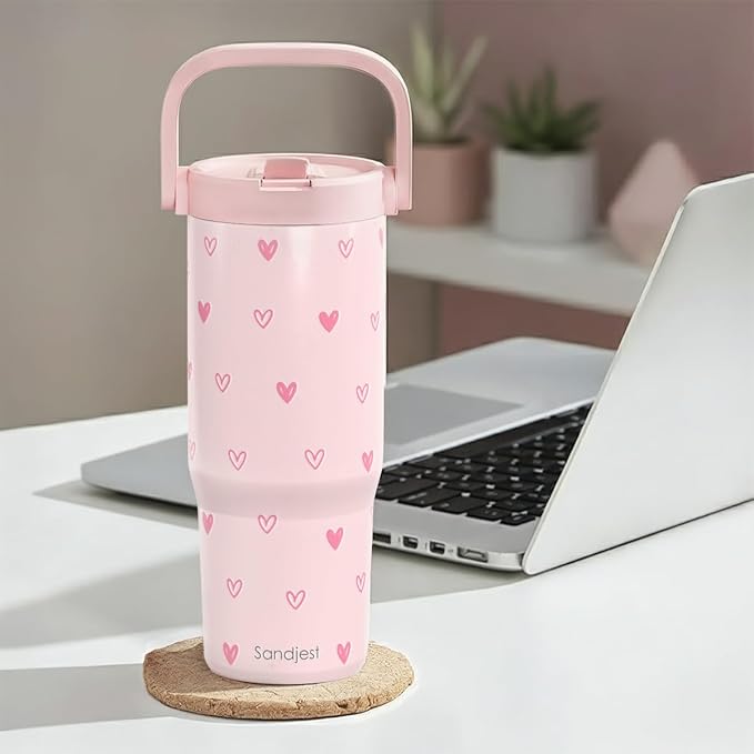 SANDJEST Heart Stainless Steel Straw Lid Tumbler 30oz with Carry Handle for Women Girls, Insulated Travel Coffee Cup, Gift for Sports Outdoor Workout Christmas Birthday - Bloomnest
