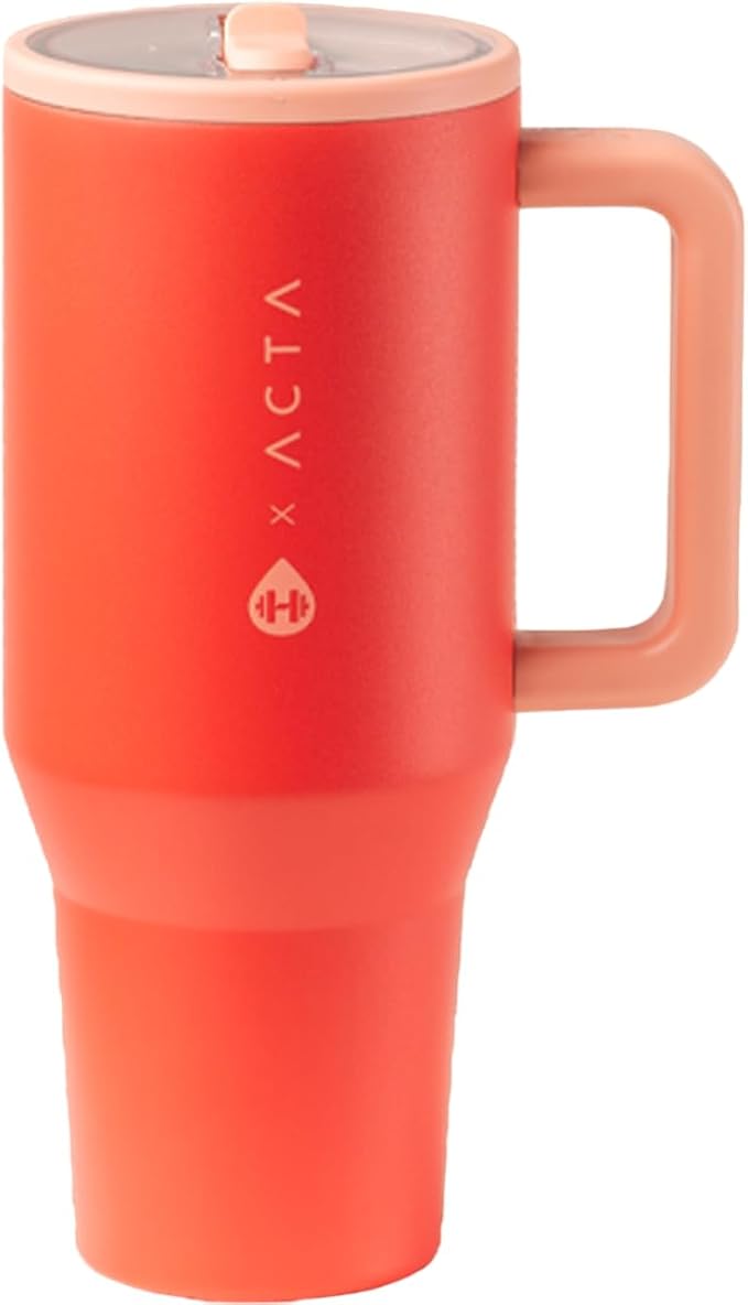 HydroJug Traveler - 40 oz Water Bottle with Handle & Flip Straw - Fits in Cup Holder, Leak Resistant Tumbler-Reusable Insulated Stainless Steel & Rubber Base - Gifts for Women & Men, Peach Pop Hydrojug