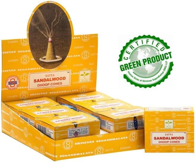 Satya Nag Champa Incense Cones for Meditation and Yoga, 48 Pieces, 4 Packs (Incense Dhoop Cones, Sandalwood) Giftbrit