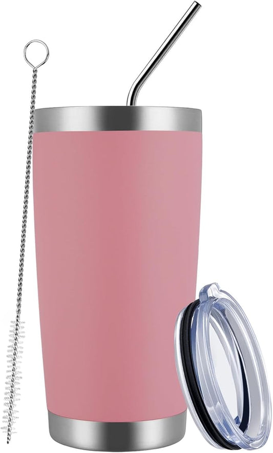 MEWAY 20oz Tumbler Cup Double Wall Vacuum Insulated Travel Mug Bulk, Stainless Steel Tumblers with Lid and Straw, Durable Powder Coated Coffee Cups for Cold & Hot Drinks (Pink, 1) - Bloomnest