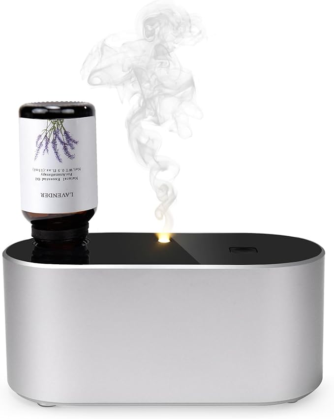 Waterless Diffuser for Essential Oil, Battery Operated Scent Air Aromatherapy Diffuser, Mini Aroma Diffusers with 3 Intermittent Mist Modes, Cycle Start for Home Office Bedroom - Silver - Bloomnest