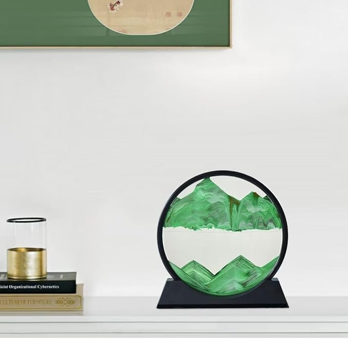 BGFJYUK Moving Sand Art Picture in Motion, Round Glass 3D Deep Sea Sandscapes with Display Flowing Sand Frame for Relaxing Desktop Home Office Work Décor for Kids Adults (Green, 12inch) - Bloomnest