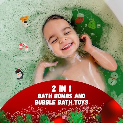 Christmas Bath Bomb for Kids with Surprise Bath Toys Inside (Gift Set) - Stocking Stuffers for Boys and Girls - Holiday Bubble Bath with Cheerful Scent, USA Made by Two Sisters - Bloomnest