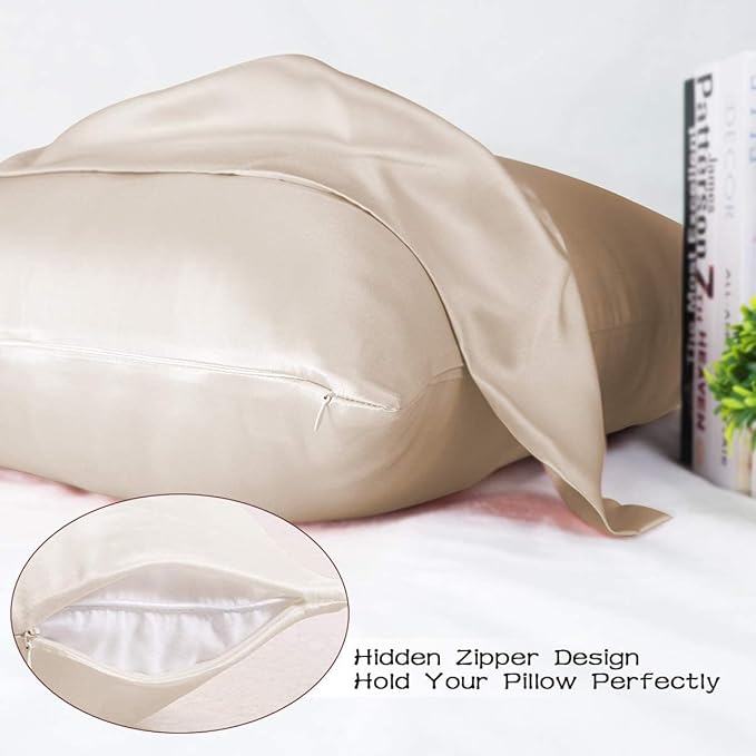 Adubor Silk Pillowcase 2 Pack for Hair and Skin with Hidden Zipper, Both Sides 23 Momme Silk Pillow Case (Beige, Standard: 20''x26'') - Bloomnest
