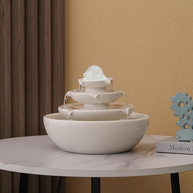 Indoor Tabletop Ceramic Fountain Water Feature Home Kitchen Office Decoration Modern Design Style (White) - Bloomnest