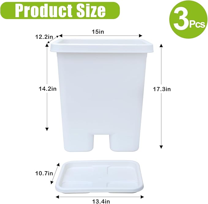 Growing Vegetable Planter Pot 3 Packs, 15 * 14.2 Inches Deep Rectangle Pots for Vegetable Fruit Flower, Large Planters with Trays, for Patio Garden Balcony Home Porch Yard Indoor Outdoor (White) - Bloomnest