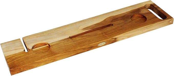 EcoDecors Eleganto 36" Live Edge Solid Teak Bath Caddy Tray with Handle, Book & Tablet Holder, Wine Glass Holders, Luxury Bathtub Tray - Bloomnest