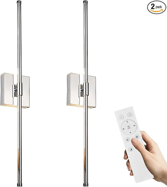 LED Wall Sconces with Remote Control, Dimmable Wall Sconces Set of 2, 5 Colors 3000K-6500K & Dimmable, Hardwire Wall Light with Timer & Night Light, LED Wall Lamps for Bedroom, Living Room, Chrome - Bloomnest