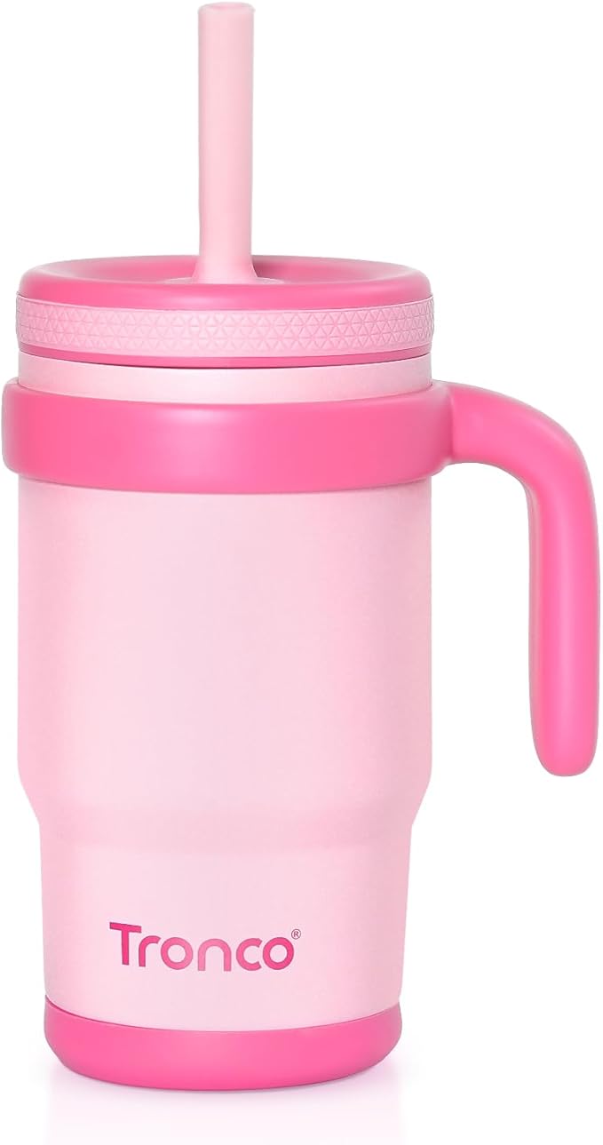 Tronco 14 oz Kids Insulated Tumbler with Handle & Spill Resistant Flexible Straw, BPA-Free Stainless Steel Toddler Cups with Lids, Splash-Proof Kid Drinking Cup Travel Mugs, Easy to Clean - Bloomnest