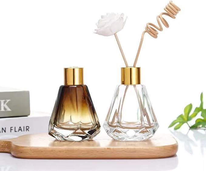 2Pcs 60ml/2oz Empty Refillable Amber Diamond Shape Glass Diffuser Bottle with Gold Lid Essential Incense Oil Diffuser Jars Fragrance Scent Diffuser for Home Office Shelf Decor Bloomnest