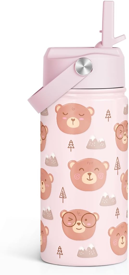SANDJEST Bear Kids Water Bottle With Straw Lid 12oz Insulated Stainless Steel, Travel Tumbler, Bear Gifts For Boys Girls, Birthday, Christmas, Back To School - Bloomnest