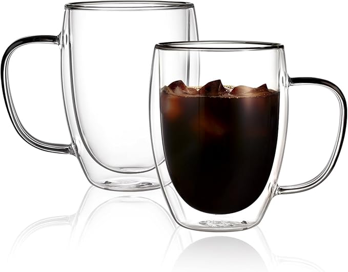 CNGLASS 12oz Double Walled Glass Coffee Mugs,Insulated Glass Mugs with Handle,Clear Espresso Cups for Latte,Cappuccino,Tea Bag,Set of 2 - Bloomnest
